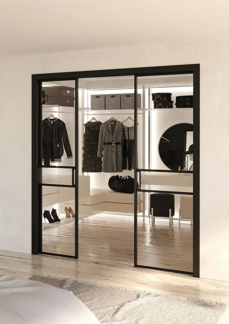 Factory T22, a scomparsa, Total black, vetroTrasparente extrachiaro, decoro Le-Onde.