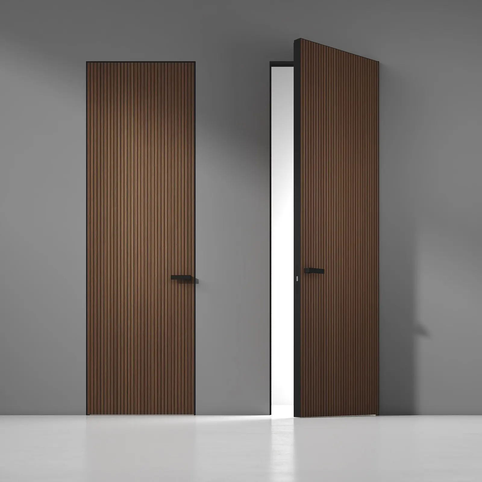 Дизайнерская дверь UNIFLEX-3D с отделкой вертикальными рейками, скрытый короб