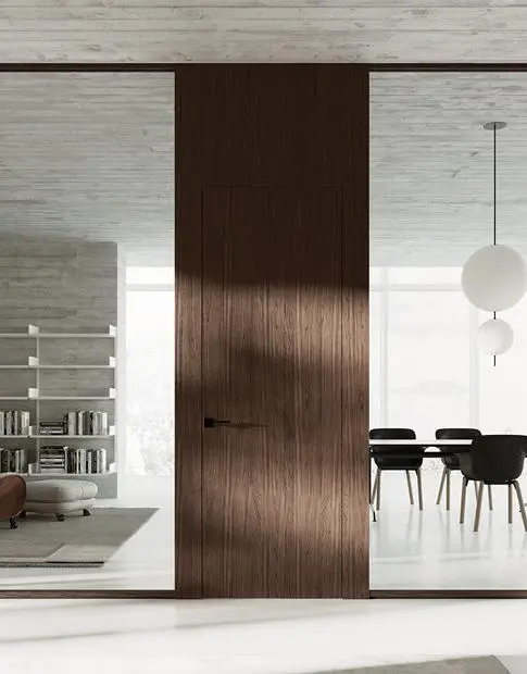 Mies, noce canaletto, vetro neutro extrachiaro+Piana, noce canaletto.