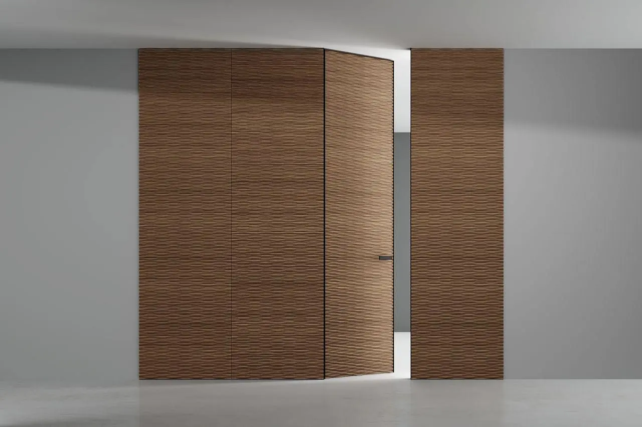 mini-Стеновые панели COVER, UNIFLEX-3D, модель Wave. Дверь UNIFLEX-3D, Alu, модель Wave. Слой массива дерева UW16 Noce Canaletto.