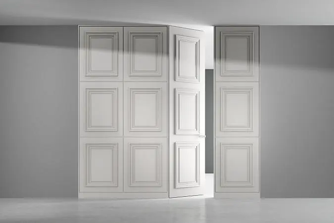 Стеновые панели COVER, PRIMA, модель P3, матовая эмаль L01 Bianco. Двери PRIMA-60, P3, "скрытый" короб.