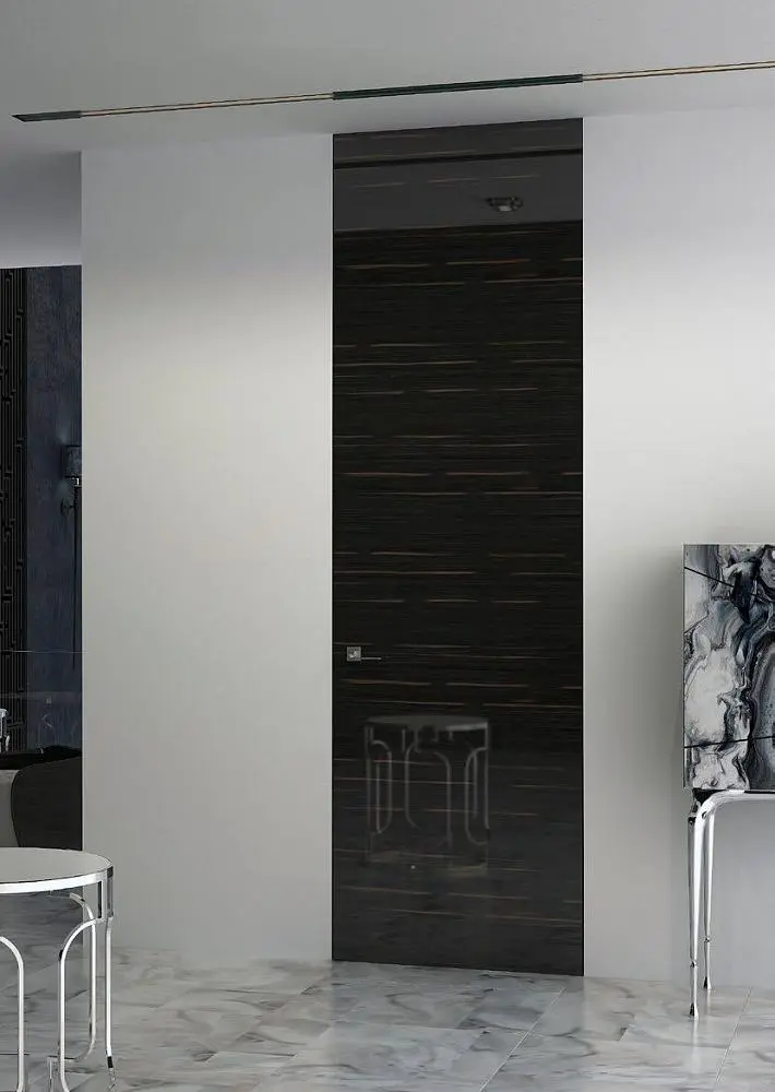 FILO-60, Alu, модель Vento, натуральный шпон Ebano Gloss, скрытый короб и алюминиевая торцевая кромка в цвете Black. Вариант "под потолок".