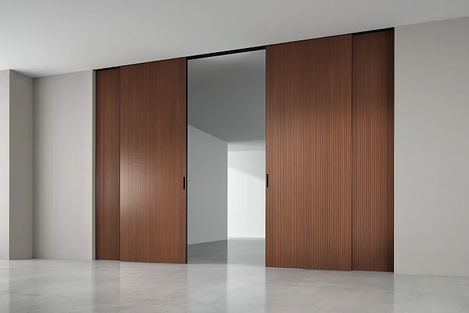 STRATUS - UNFLEX-3D, Alu, модель Plisse, объемная 3D поверхность, натуральный шпон UP40 Noce Italiano. Алюминиевая торцевая кромка в отделке AL10 Black Matt, трек и ручка в отделке AL08 Black. Раздвижная перегородка в проёме, скрытый трек в потолке.