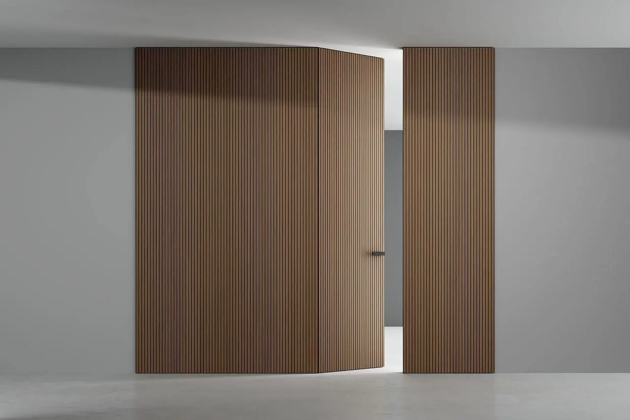 mini-Стеновые панели COVER, UNIFLEX-3D, модель Step. Дверь UNIFLEX-3D, Alu, модель Step. Натуральный шпон US16 Noce Canaletto.