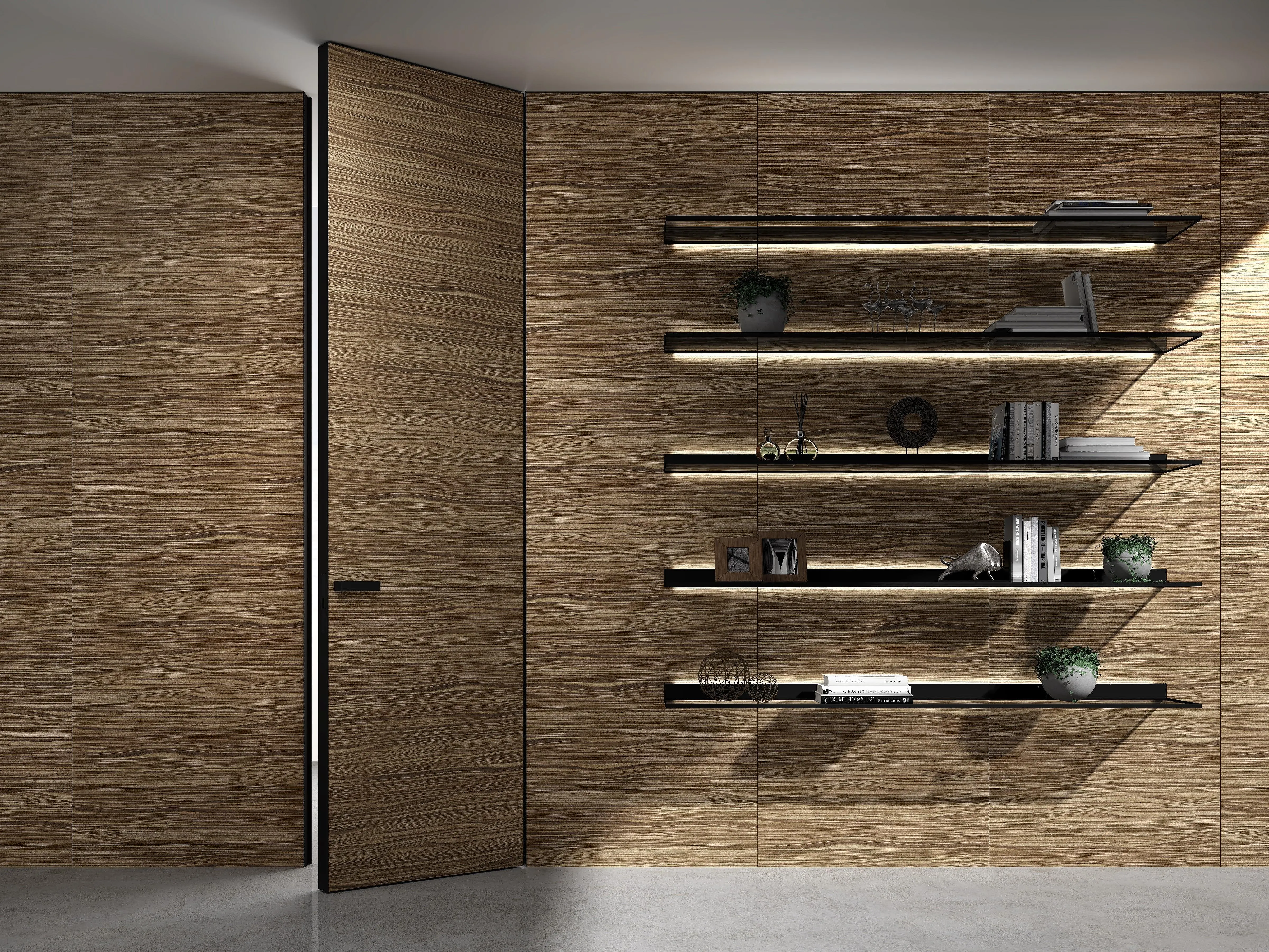 mini-Стеновые панели COVER, натуральный шпон V20 Noce Americano. Распашная дверь FILO-60 и стеновые панели в единой отделке. Полки LUMINA с подсветкой.