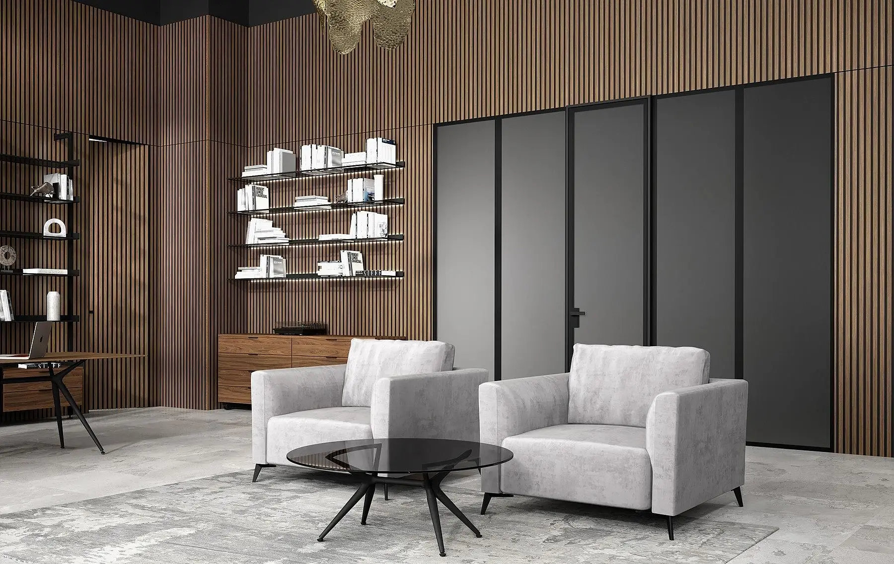 mini-Полки LUMINA с подсветкой. Профиль в цвете AL08 Black, стекло GT02 Trasparente Grafite. Стеновые панели COVER, Step. Комод ALTO, перегородка WALLSTREET с дверью LAGO-60, кресла PORTOFINO, журнальный столик LOTUS.