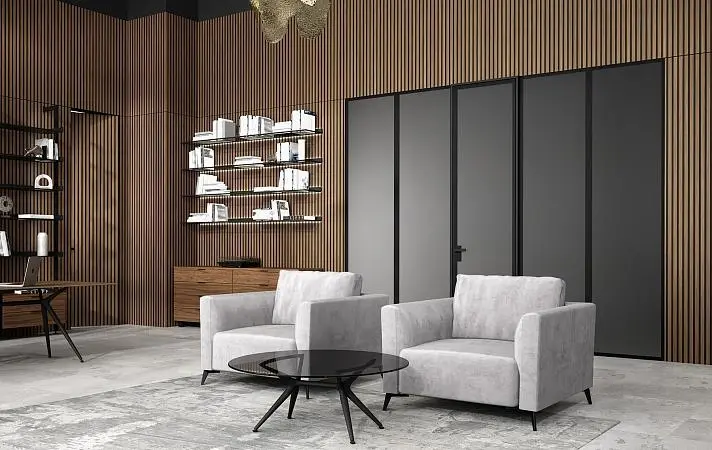 Полки LUMINA с подсветкой. Профиль в цвете AL08 Black, стекло GT02 Trasparente Grafite. Стеновые панели COVER, Step. Комод ALTO, перегородка WALLSTREET с дверью LAGO-60, кресла PORTOFINO, журнальный столик LOTUS.