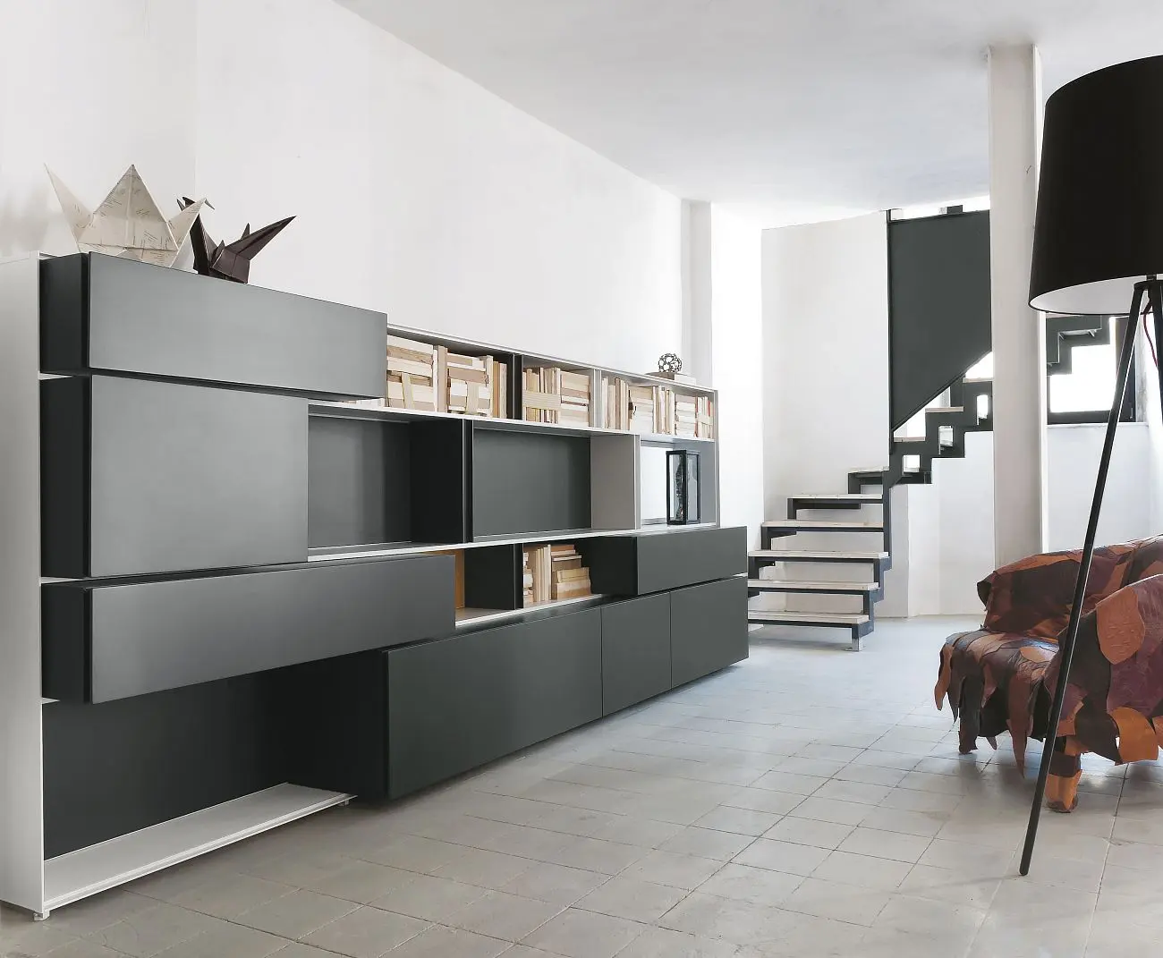 LIBR APRT LINE product low bookcase white grey