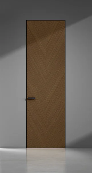 FILO-60, Alu, модель Valetti, натуральный шпон "орех каналетто", алюминиевая торцевая кромка в чёрном цвете. Алюминиевый "скрытый" короб с полотном толщиной 6 см.