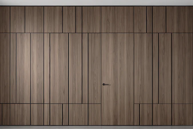 Стеновые панели COVER Alu, натуральный шпон V28 Noce Nazionale, молдинги в отделке AL08 Black.