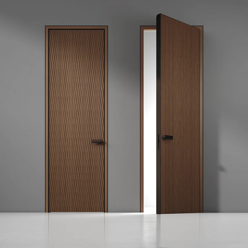 UNIFLEX-3D, Alu, модель Wave-V, слой массива дерева UW16 Noce Canaletto. Торцевая кромка в отделке AL07 Dark Brown. Короб UNIWOOD. Дверь с теневым зазором.