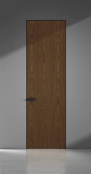 FILO-60, Alu, модель Velino, натуральный шпон "орех национальный", алюминиевая торцевая кромка в чёрном цвете. Алюминиевый "скрытый" короб с полотном толщиной 6 см.