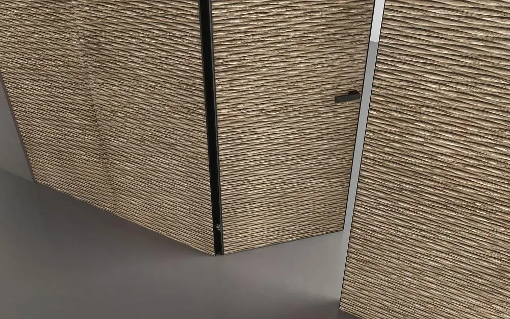 Стеновые панели COVER, UNIFLEX-3D, модель Wave. Дверь UNIFLEX-3D, Alu, модель Wave. Слой массива дерева UW16 Noce Canaletto.