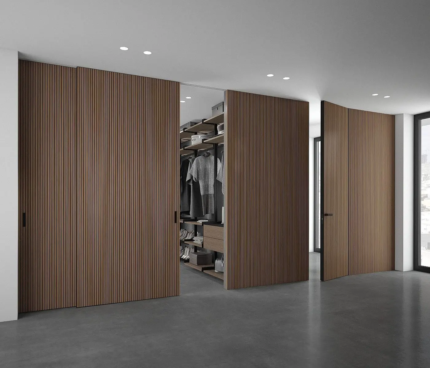 mini-STRATUS - UNFLEX-3D, Alu, модель Step, объемная 3D поверхность, натуральный шпон US16 Noce Canaletto. Алюминиевая торцевая кромка в отделке AL10 Black Matt, трек и ручка в отделке AL08 Black. Раздвижная перегородка в проёме, скрытый трек в потолке.