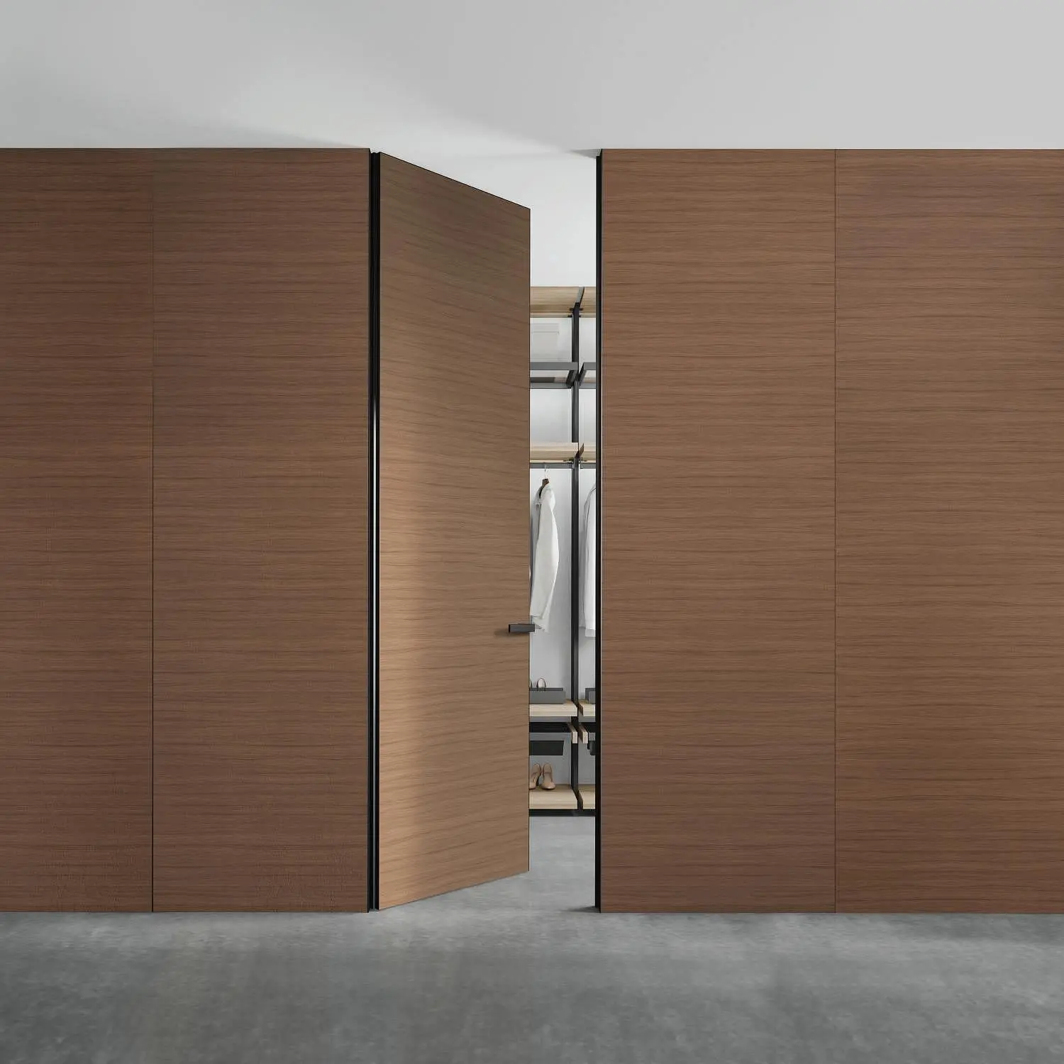 mini-COVER, натуральный шпон V20 Noce Americano. Стеновые панели и дверь FILO-60, Alu в единой отделке.