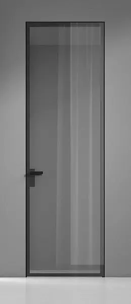 LAGO-60, два безопасных серых стекла с зеркальным эффектом, алюминиевый каркас полотна в чёрном цвете. "Скрытый" короб с полотном толщиной 60 мм.