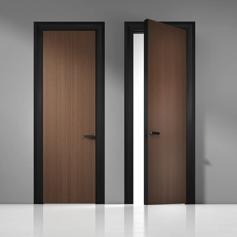 Дверь UNIFLEX-3D, Alu, модель Legato, натуральный шпон UL40 Noce Italiano. Алюминиевый короб-моноблок с фигурными наличниками и ручка в отделке AL08 Black, торцевая кромка в отделке AL10 Black Matt.