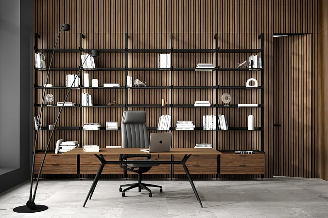 Стеновые панели COVER, UNIFLEX-3D, модель Step. Дверь UNIFLEX-3D, Alu, модель Step. Натуральный шпон US16 Noce Canaletto. Стеллаж FORTE, стол MILAN.