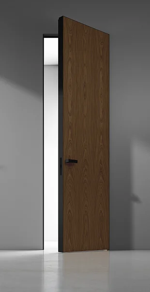 FILO-60, Alu, модель Velino, натуральный шпон "орех национальный", алюминиевая торцевая кромка в чёрном цвете. Алюминиевый "скрытый" короб с полотном толщиной 6 см.