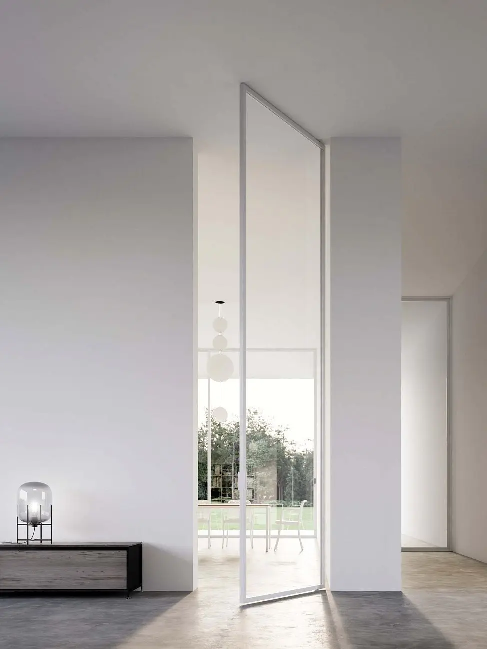 Quadra, bilico decentrato, bianco, vetro neutro extrachiaro.