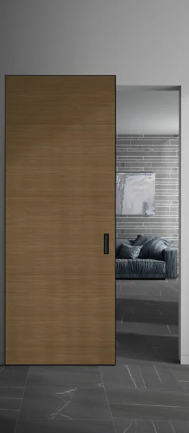 UNION, MAGIC-FILO. Раздвижная дверь по стене, скрытый механизм. Натуральный шпон, алюминиевый профиль. 90x240h (см).
