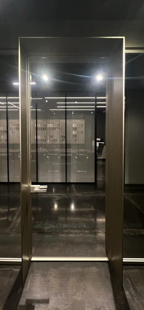 ALBED (made in Italy). Дверь с фрамугами. Безопасное стекло, алюминиевый каркас полотна. Алюминиевый короб. 220х270см.