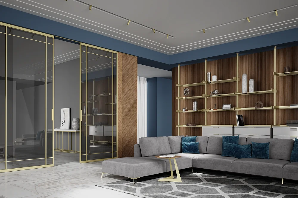 Стеллаж ALTO, алюминий в отделке AL03 Soft Gold, полки стеклянные GT02 Trasparente Grafite, комоды в отделке W1000 ST38 Белый премиум. Раздвижная перегородка STRATUS- SLIM, модель Quattro. Стеновые панели COVER, диван PORTOFINO.