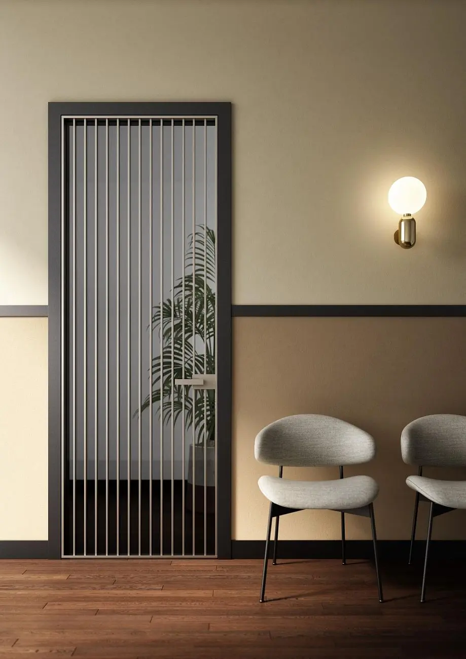 BATTCC STP45 RI-TRAIT-8B product door black jambs champagne profile fume glass.