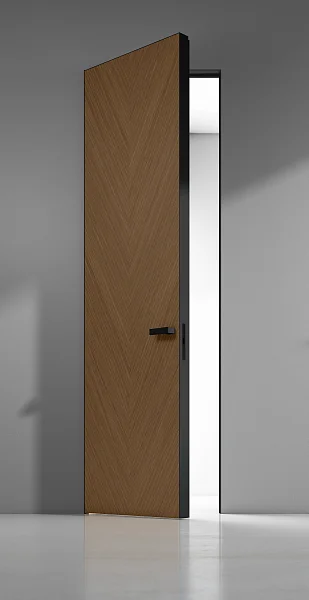 FILO-60, Alu, модель Valetti, натуральный шпон "орех каналетто", алюминиевая торцевая кромка в тёмно-коричневом цвете. Алюминиевый "скрытый" короб в чёрном цвете с полотном толщиной 6 см.