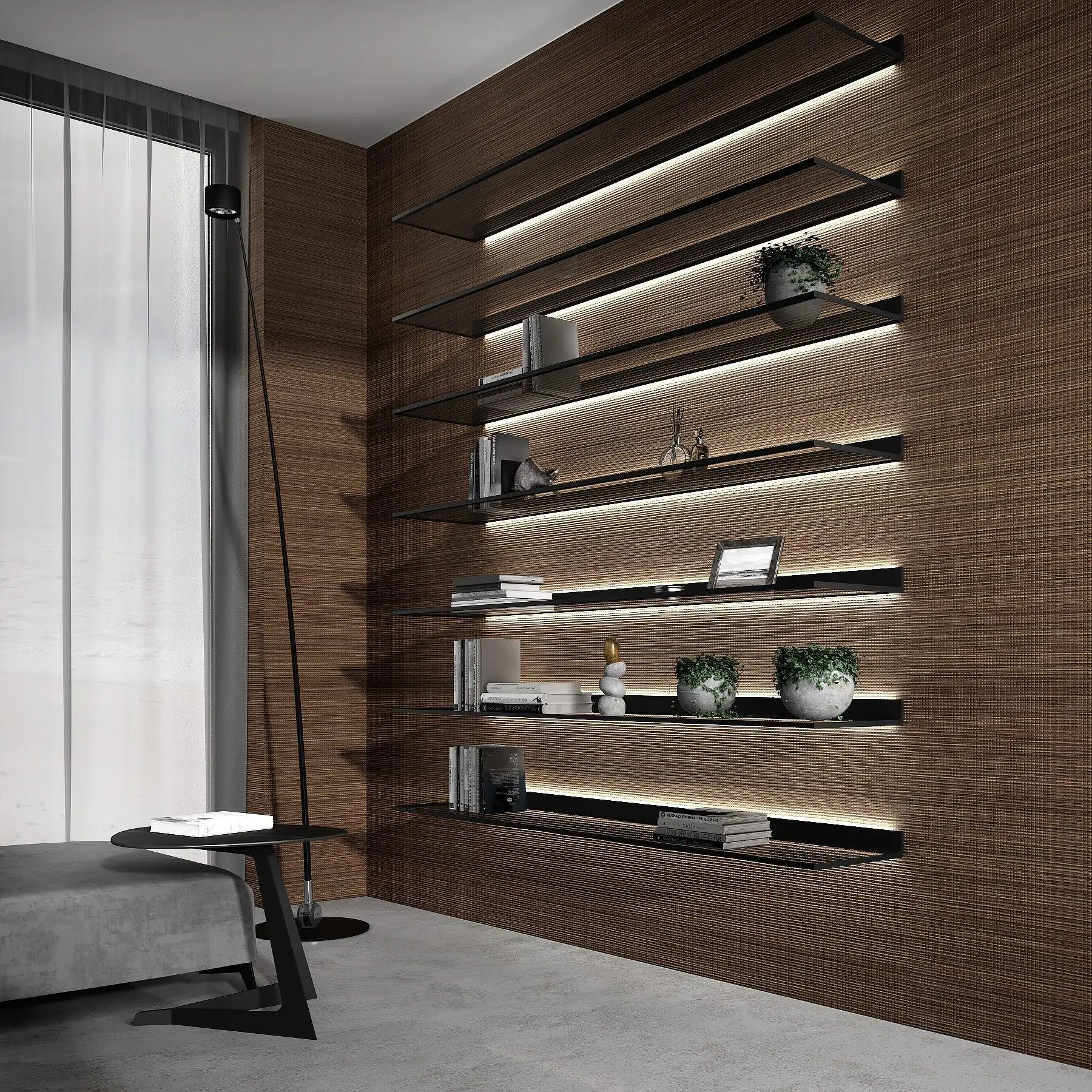 mini-Полки LUMINA с подсветкой. Профиль в цвете AL08 Black, стекло GT02 Trasparente Grafite.