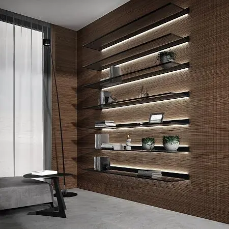 Полки LUMINA с подсветкой. Профиль в цвете AL08 Black, стекло GT02 Trasparente Grafite.