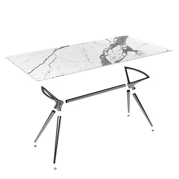 Схема стола MILAN. Столешница - универсальный композитный износостойкий материал HP04 Marmo Bianco. Основание: алюминий, сталь - отделка Chrome.