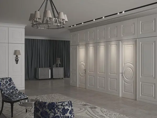 Стеновые панели COVER, GRAND, модель GR03, матовая эмаль L01 Bianco. Двери GRAND, модель GR01.