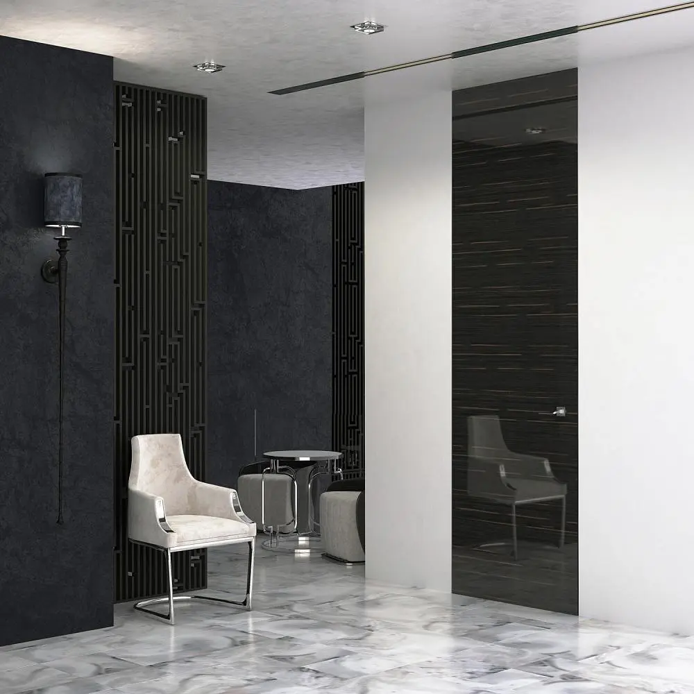 FILO-60, Alu, модель Vento, натуральный шпон Ebano Gloss, скрытый короб и алюминиевая торцевая кромка в цвете Black. Вариант "под потолок".