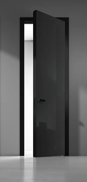 LAGO-60, крашеное глянцевое стекло в цвете "серый пепел", алюминиевый каркас полотна и короб-моноблок в чёрном цвете. Наличники плоские.