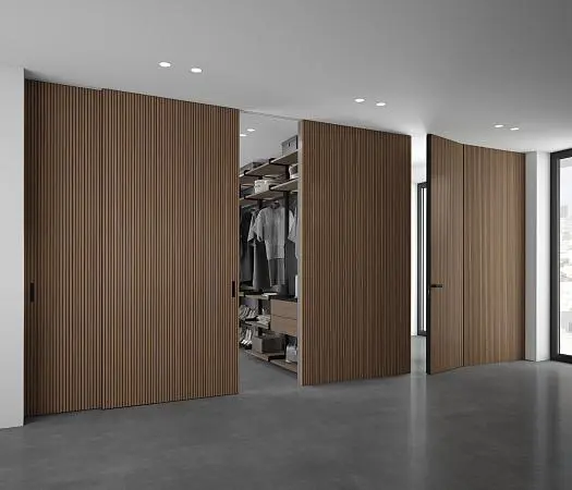 STRATUS - UNFLEX-3D, Alu, модель Step, объемная 3D поверхность, натуральный шпон US16 Noce Canaletto. Алюминиевая торцевая кромка в отделке AL10 Black Matt, трек и ручка в отделке AL08 Black. Раздвижная перегородка в проёме, скрытый трек в потолке.