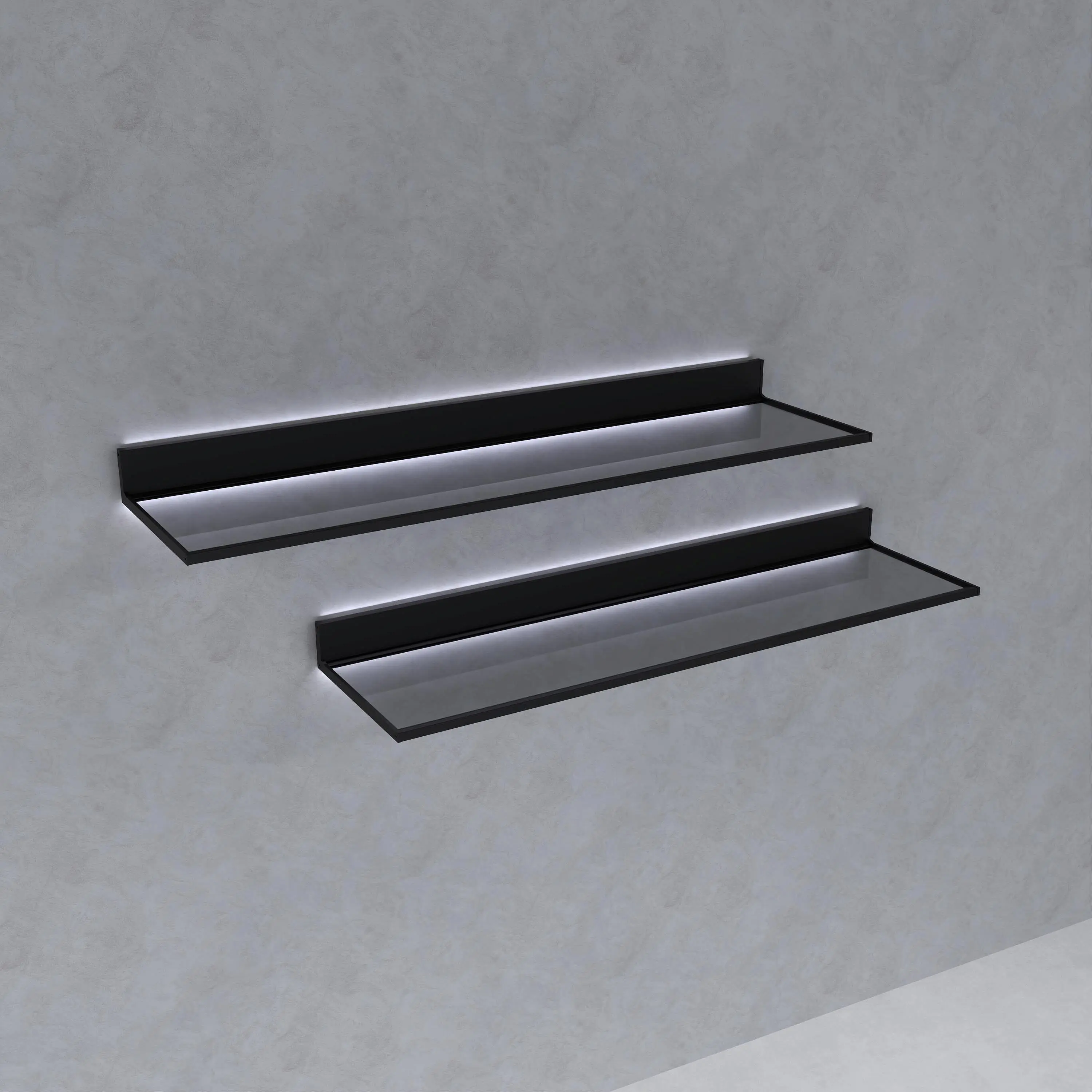 mini-Полки LUMINA с подсветкой. Профиль в цвете AL08 Black, стекло GT02 Trasparente Grafite.