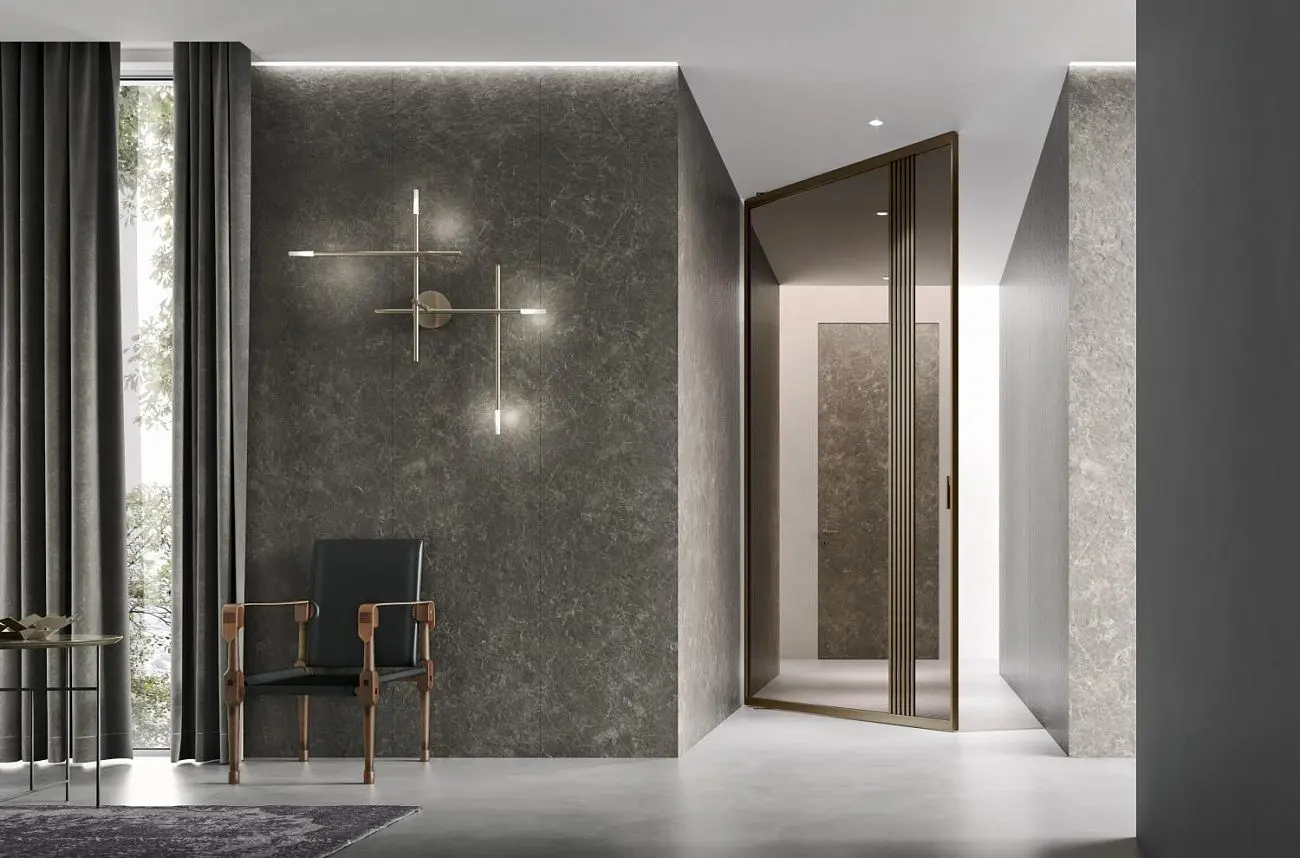 Quadro-Line Bilico, telaio bronzo con inserti, vetro Bronzo Trasparente.