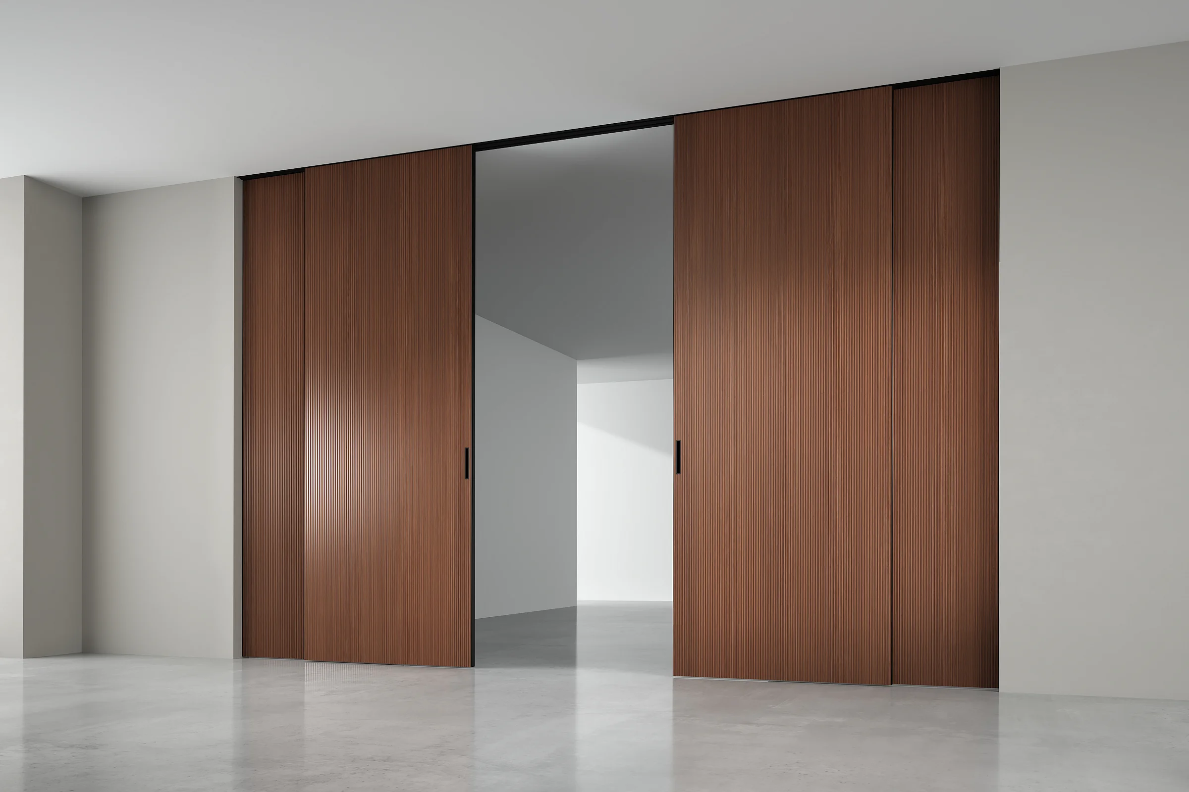 mini-STRATUS - UNFLEX-3D, Alu, модель Plisse, объемная 3D поверхность, натуральный шпон  UP40 Noce Italiano. Алюминиевая торцевая кромка в отделке AL10 Black Matt, трек и ручка в отделке AL08 Black. Раздвижная перегородка в проёме, скрытый трек в потолке.