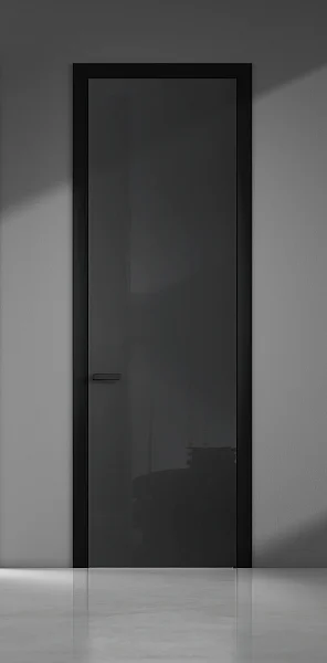 LAGO-60, крашеное глянцевое стекло в цвете "серый пепел", алюминиевый каркас полотна и короб-моноблок в чёрном цвете. Наличники плоские.