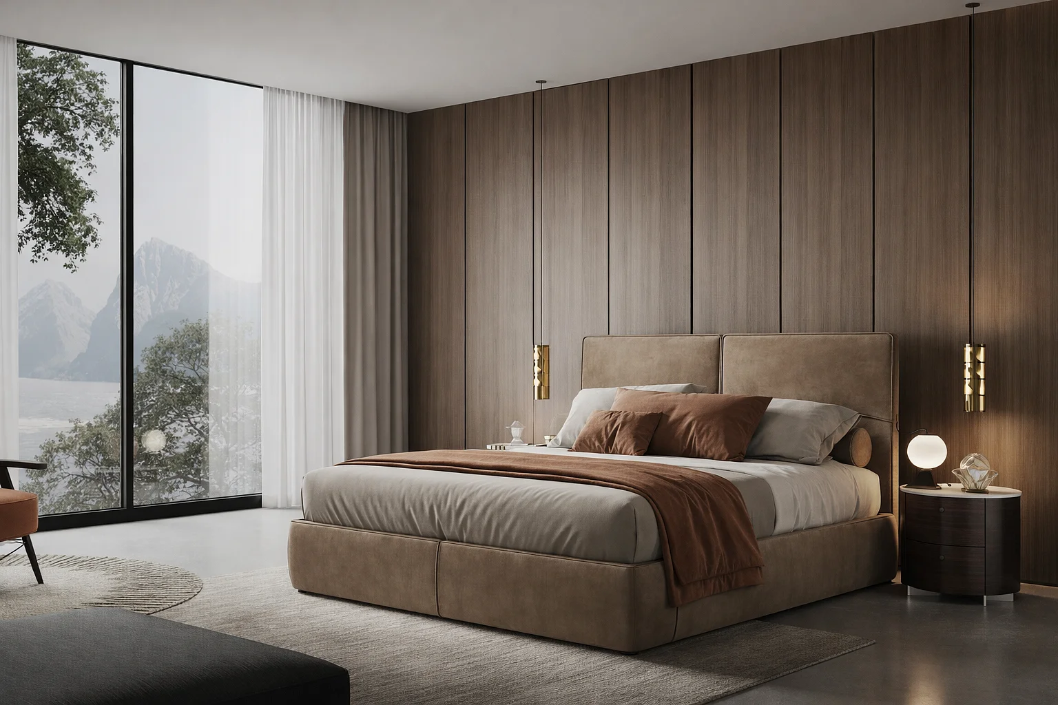 mini-Стеновые панели COVER STOCK, натуральный шпон V28 Noce Nazionale, молдинги в отделке AL08 Black.