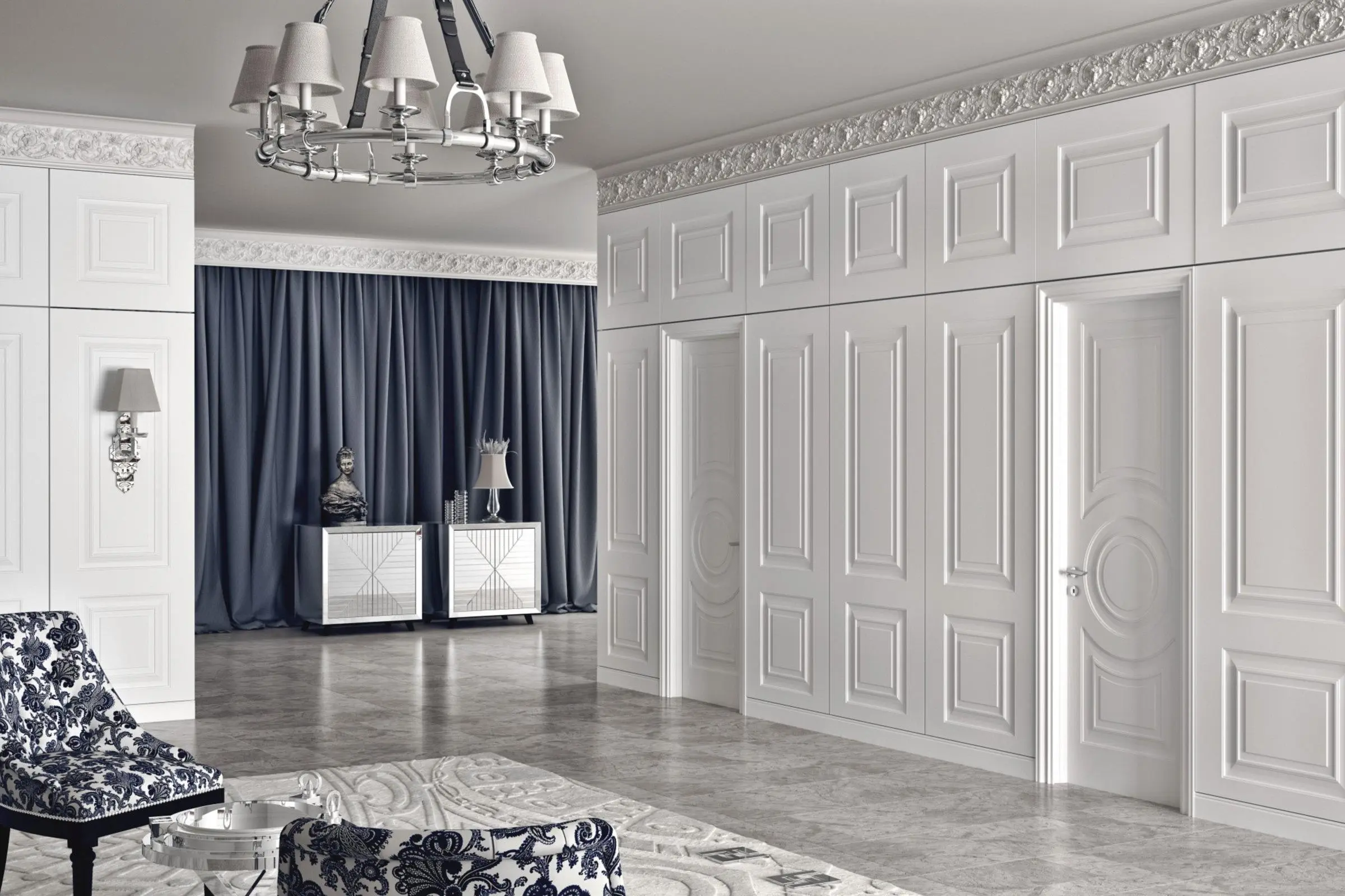 mini-Стеновые панели COVER, GRAND, модель GR03, матовая эмаль L01 Bianco. Двери GRAND, модель GR01.