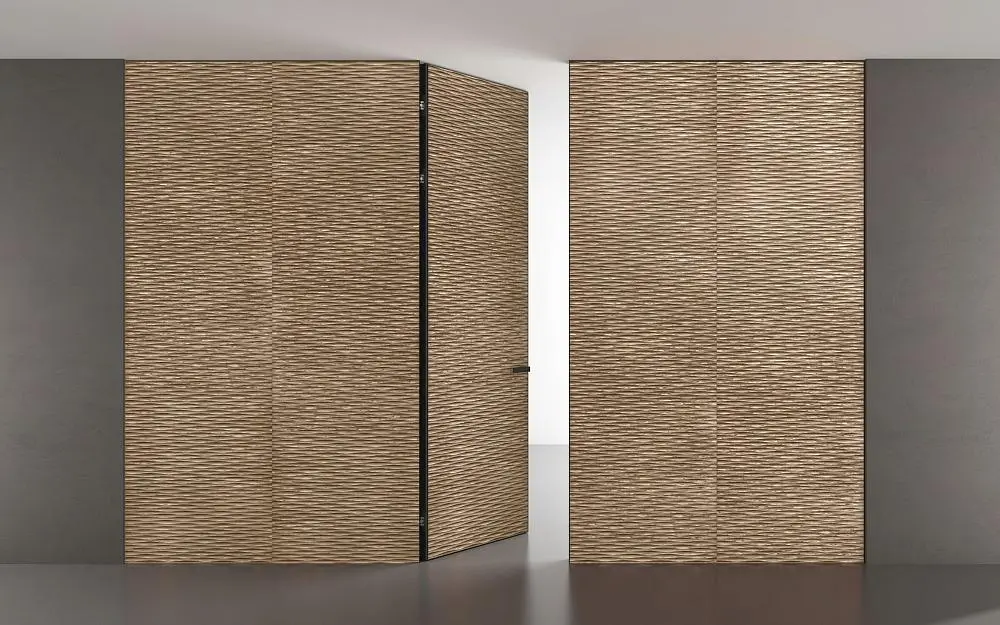 Стеновые панели COVER, UNIFLEX-3D, модель Wave. Дверь UNIFLEX-3D, Alu, модель Wave. Слой массива дерева UW16  Noce Canaletto.