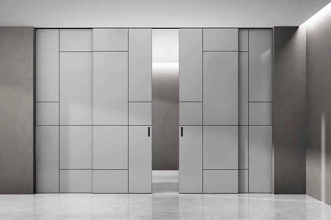 STRATUS-LAGO, модель Modelica, матовое стекло GM06 Glass Grigio Seta Mat, алюминиевый каркас полотна и трек в цвете AL08 Black. Раздвижная перегородка в проёме, "скрытый" трек в потолке.