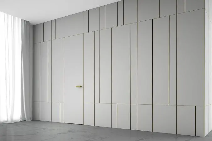 Стеновые панели COVER Alu, матовая эмаль L06 Grigio Seta, молдинги в отделке AL04 Soft Bronze.