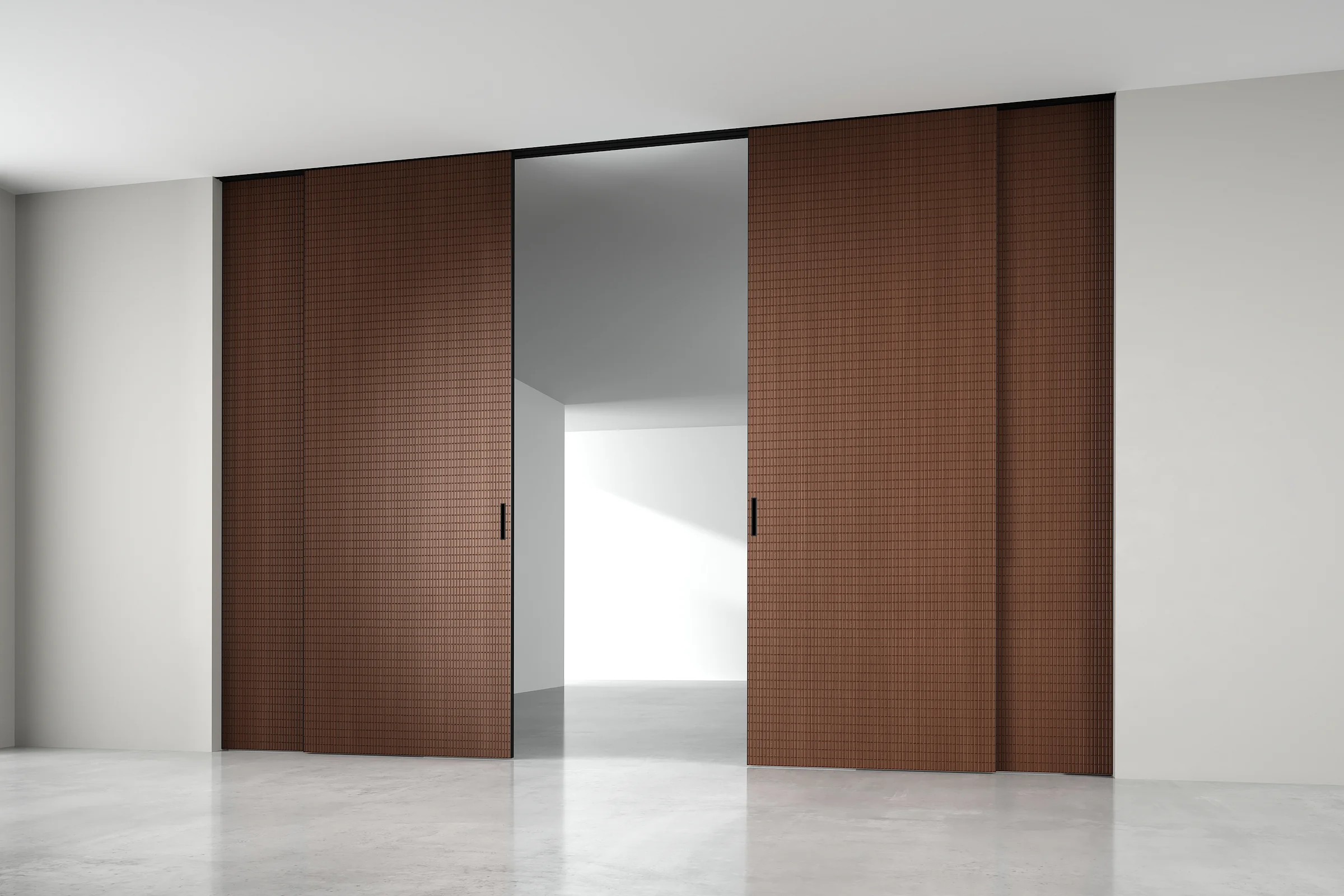 mini-STRATUS - UNFLEX-3D, Alu, модель Tartan, объемная 3D поверхность, натуральный шпон UT40 Noce Italiano. Алюминиевая торцевая кромка в отделке AL10 Black Matt, трек и ручка в отделке AL08 Black. Раздвижная перегородка в проёме, скрытый трек в потолке.