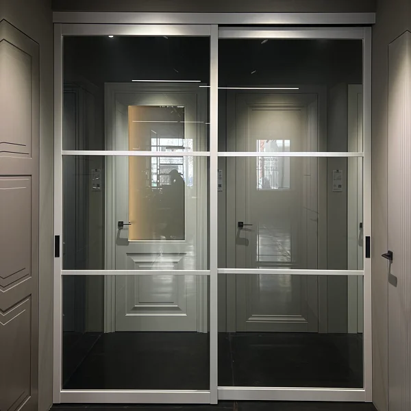 Раздвижная перегородка STRATUS-DOMINO, модель DM-03, безопасное прозрачное серое стекло, каркас полотна в белом цвете. Трек видимый.