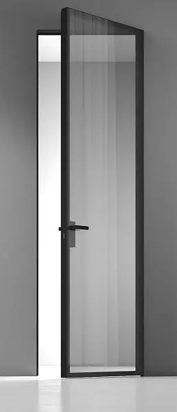 LAGO-60, два безопасных серых стекла с зеркальным эффектом, алюминиевый каркас полотна в чёрном цвете. "Скрытый" короб с полотном толщиной 60 мм.