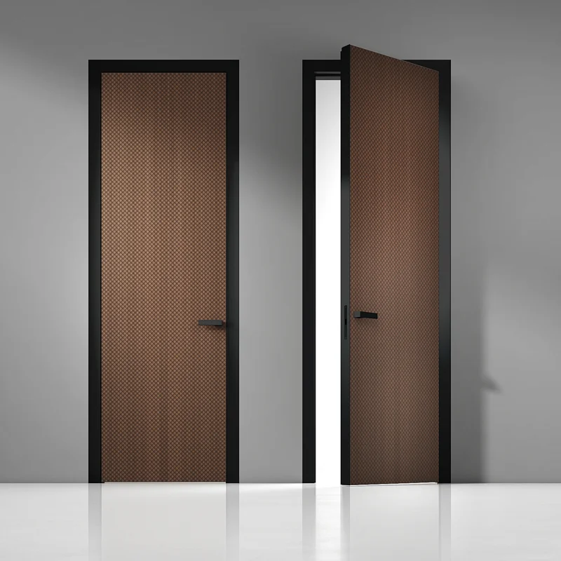 Дверь UNIFLEX-3D, Alu, модель Legato, натуральный шпон UL40 Noce Italiano. Алюминиевый короб-моноблок с наличниками и ручка в отделке AL08 Black, торцевая кромка в отделке AL10 Black Matt.