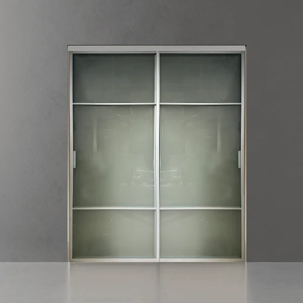 Раздвижная перегородка DENI/S, безопасное матовое стекло с декоративным рисунком, алюминиевый профиль в цвете хром матовый. Трек видимый в цвете хром матовый.